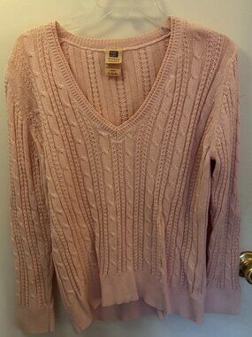 Faded Glory Dusty Pink Pointelle Cable V-Neck Sweater Size XL Coquette Preppy